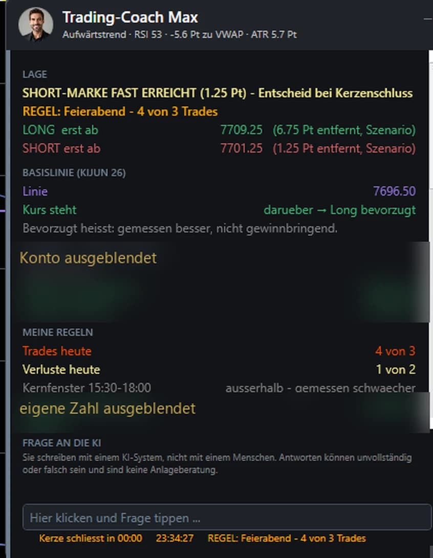 Das Fenster von Coach Max in NinjaTrader: Lage, Basislinie, Meine Regeln und Eingabefeld für Fragen